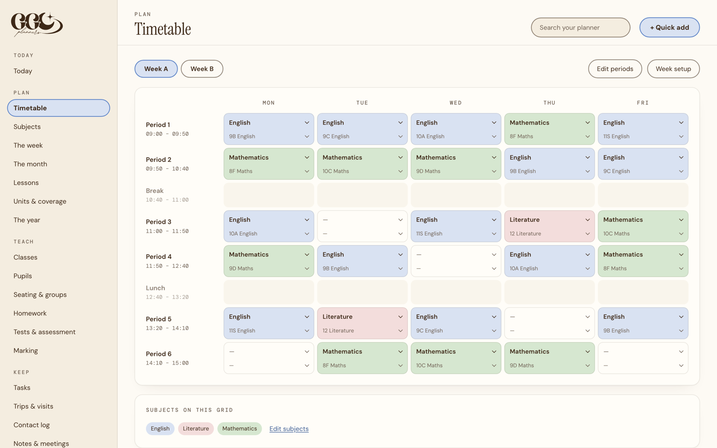 A secondary week: numbered periods, several classes, Week A and Week B