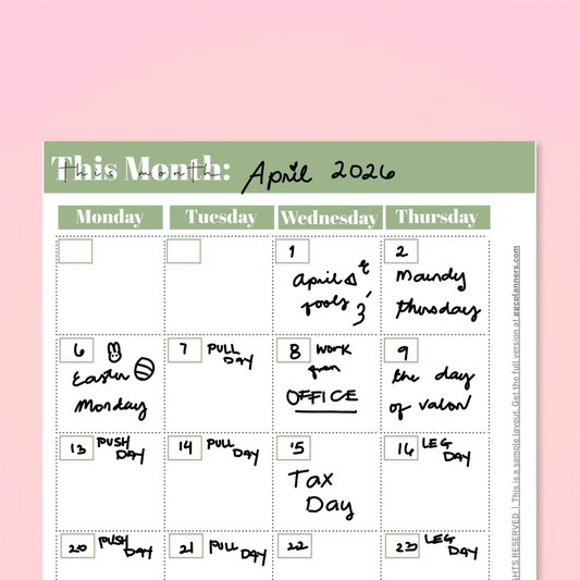 Monthly Calendar Spread: FREE A5 Sample Printable