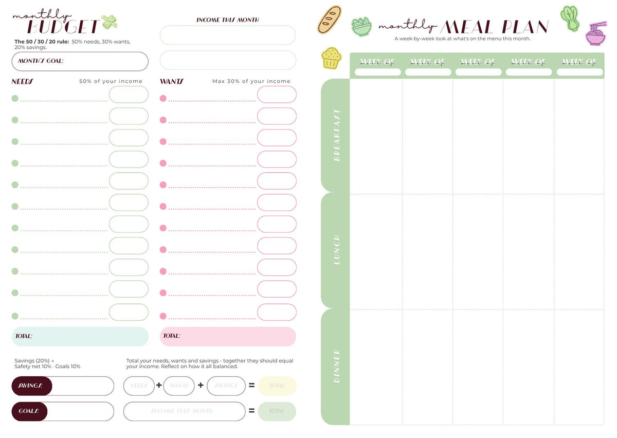 The budget page with a 50 30 20 guide, beside the meal plan