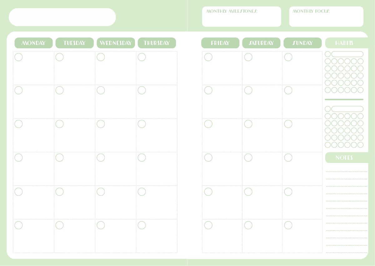 The monthly overview spread, with a calendar, monthly focus, milestones and a habit tracker