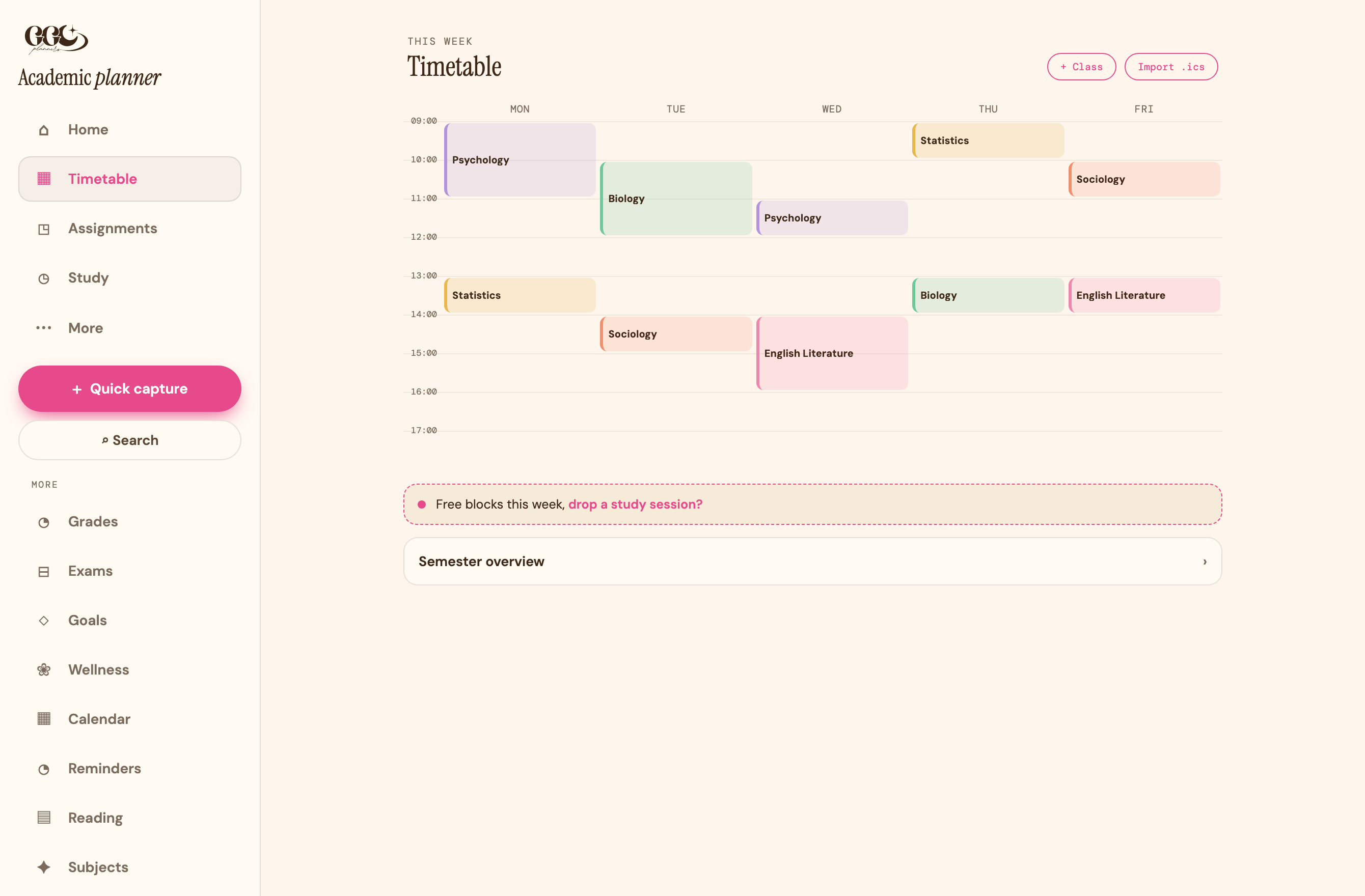 The weekly timetable, colour coded by subject