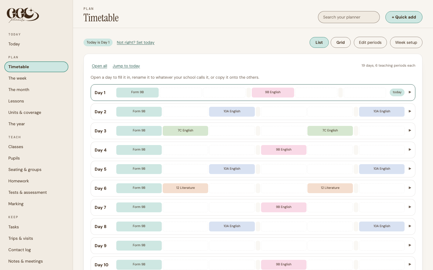 A rotating cycle: one row per cycle day, Day 1 to Day 19, not one row per weekday