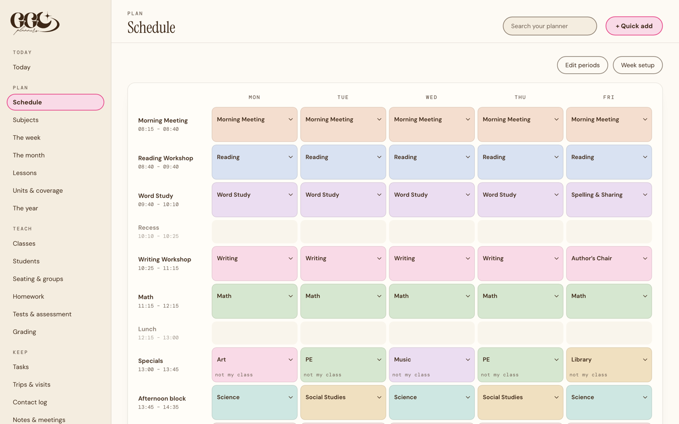 Fill the timetable in once, in named blocks or numbered periods