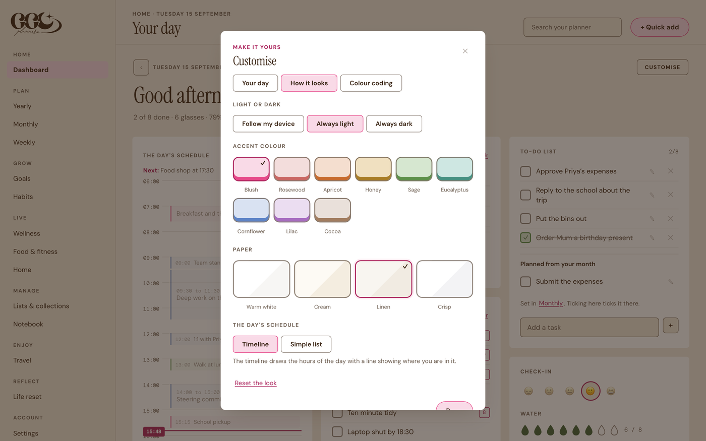 Customise: light or dark, nine colours, four papers and your own colour labels