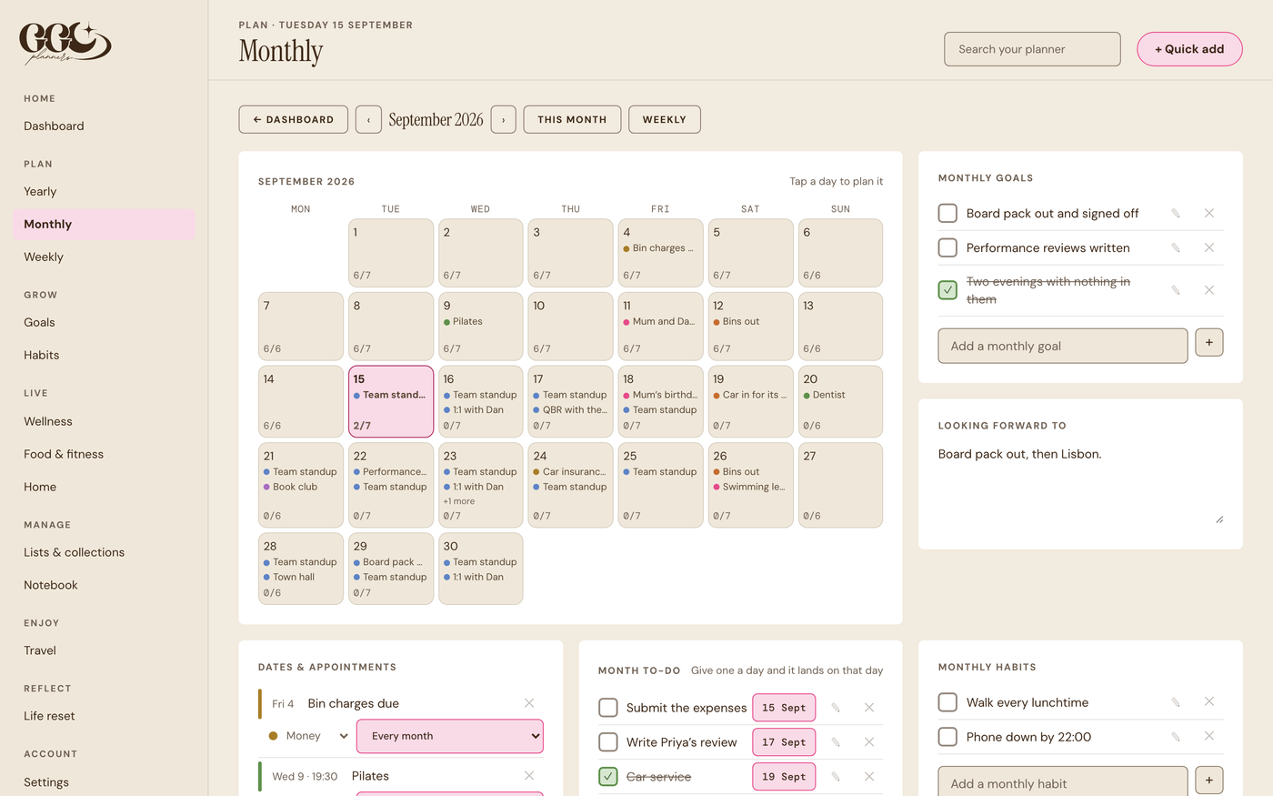 The month, with dated tasks and appointments